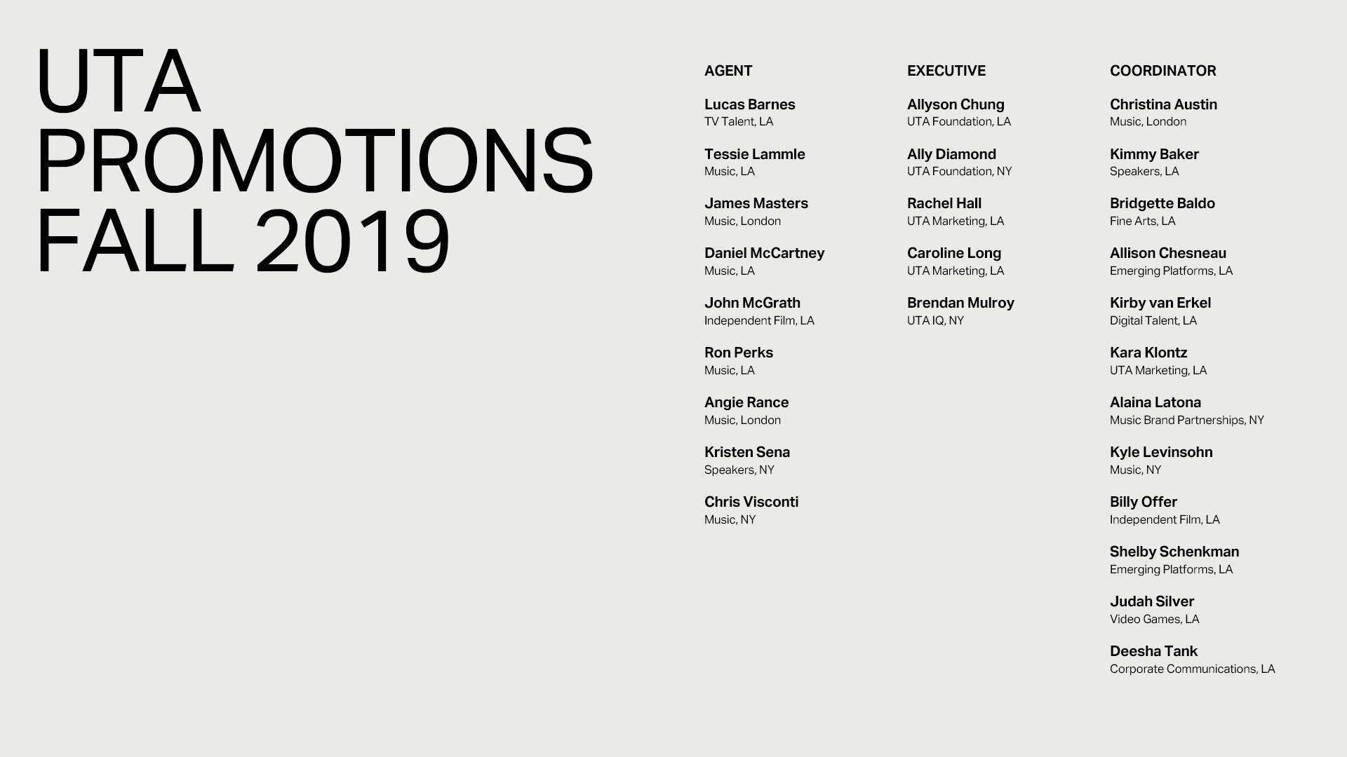 UTA Announces Agent and Executive Promotions